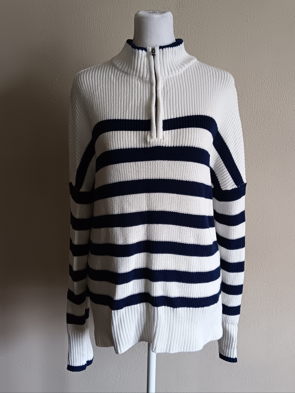 Lands End Striped Half Zip Sweater, White & Navy Size Medium, 100% Cotton